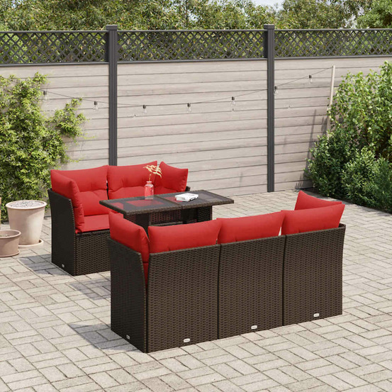 Salon de jardin avec coussins 6pcs marron résine tressée acacia