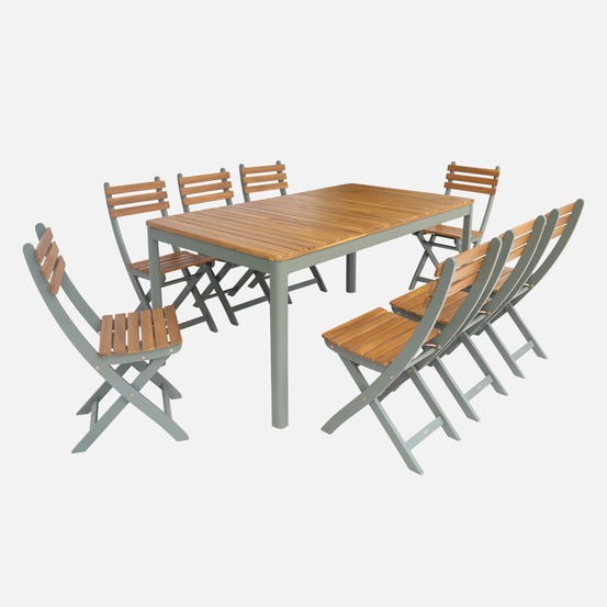 Table de jardin acacia avec coins arrondis. 8 chaises. Kaki. 160 x 90 x 75 cm