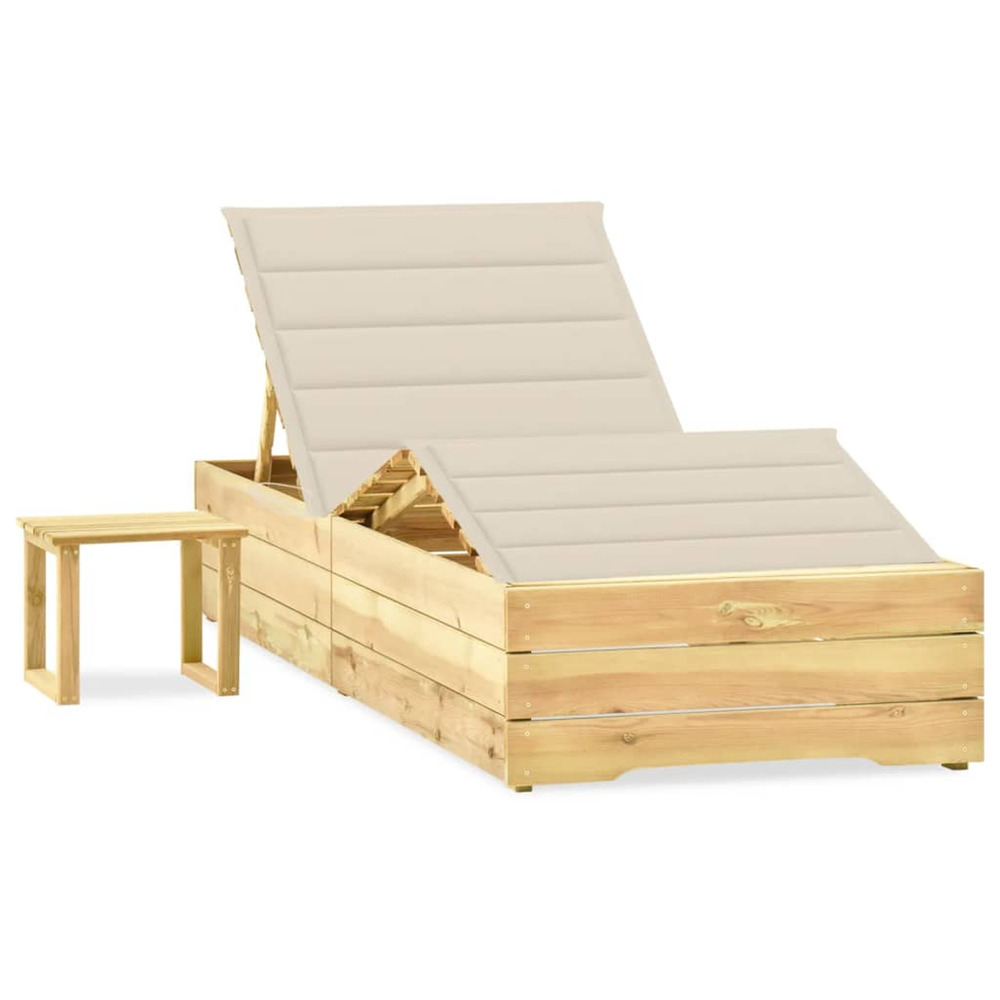 Chaise longue de jardin avec table et coussin pin imprégné bain de soleil