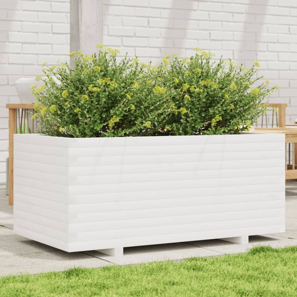 Potager surélevé rectangulaire en bois de pin massif – bac de culture robuste pour patio et balcon – 110cm blanc