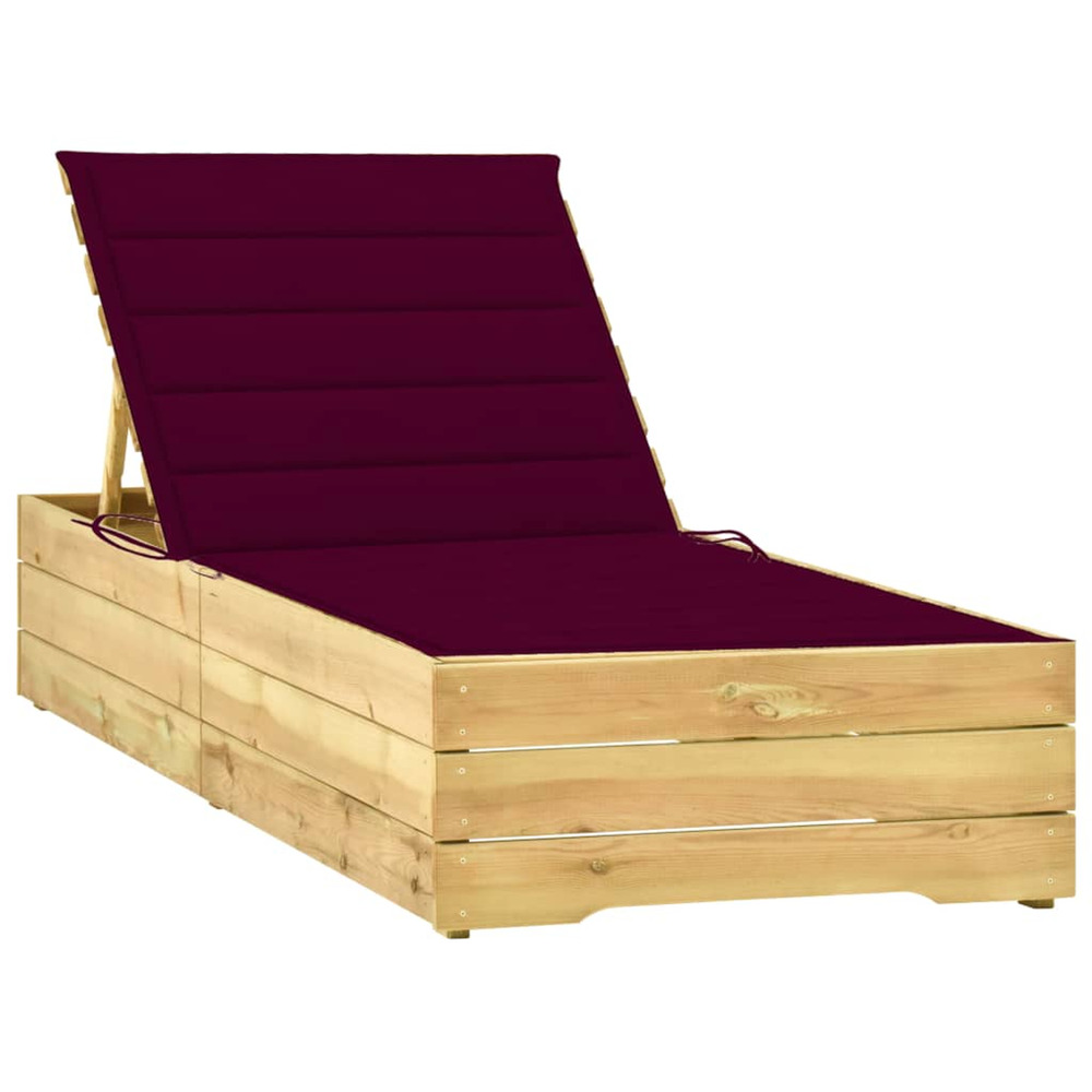 Chaise longue avec coussin bordeaux bois de pin imprégné bain de soleil