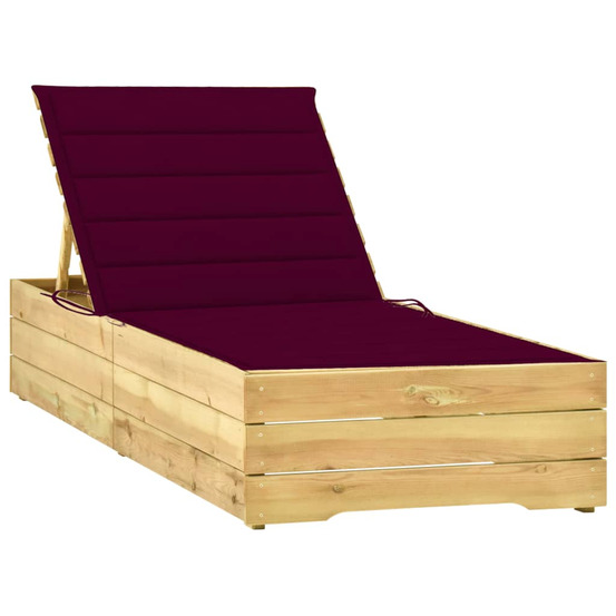 Chaise longue avec coussin bordeaux bois de pin imprégné bain de soleil