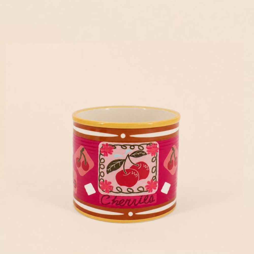 Cache-pot fruits en céramique rose liseret jaune 11x13cm