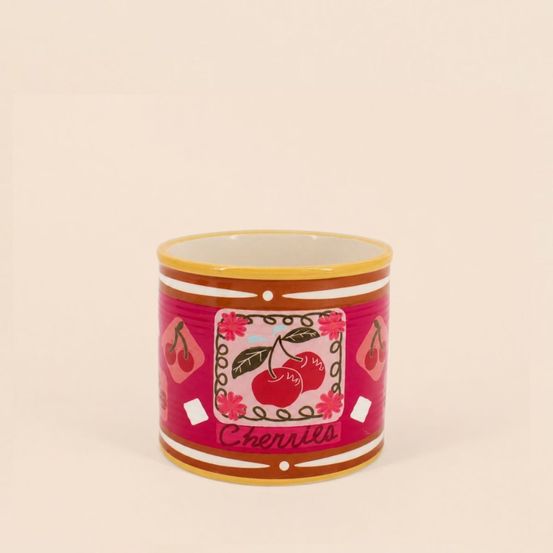Cache-pot fruits en céramique rose liseret jaune 11x13cm