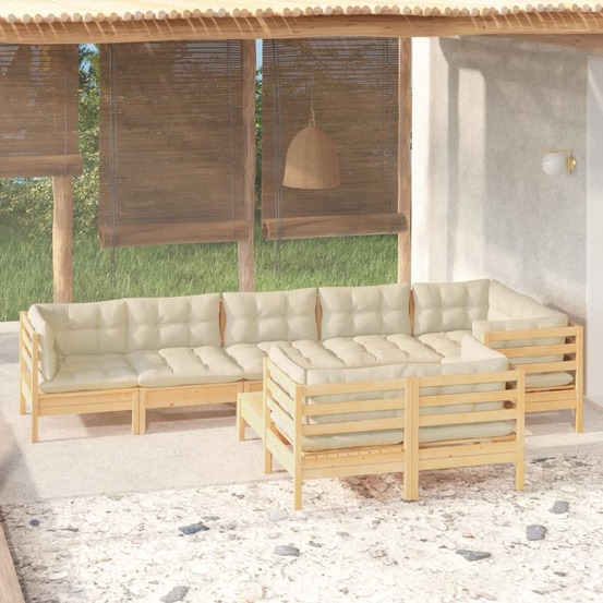 Salon de jardin 9 pcs avec coussins crème bois de pin massif