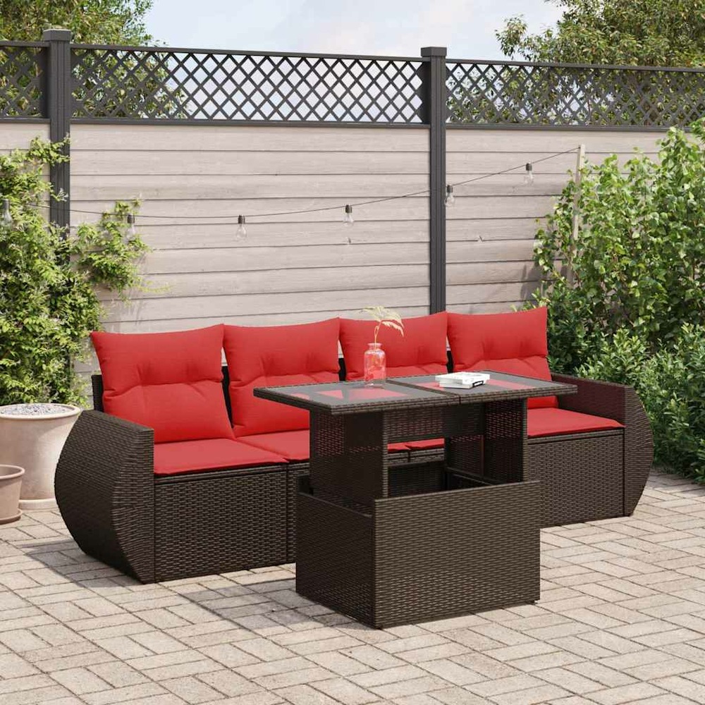 Salon de jardin avec coussins 5pcs marron résine tressée acacia