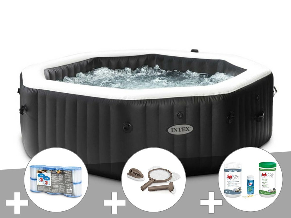 Kit spa gonflable purespa carbone octogonal bulles et jets 6 places + 12 filtre
