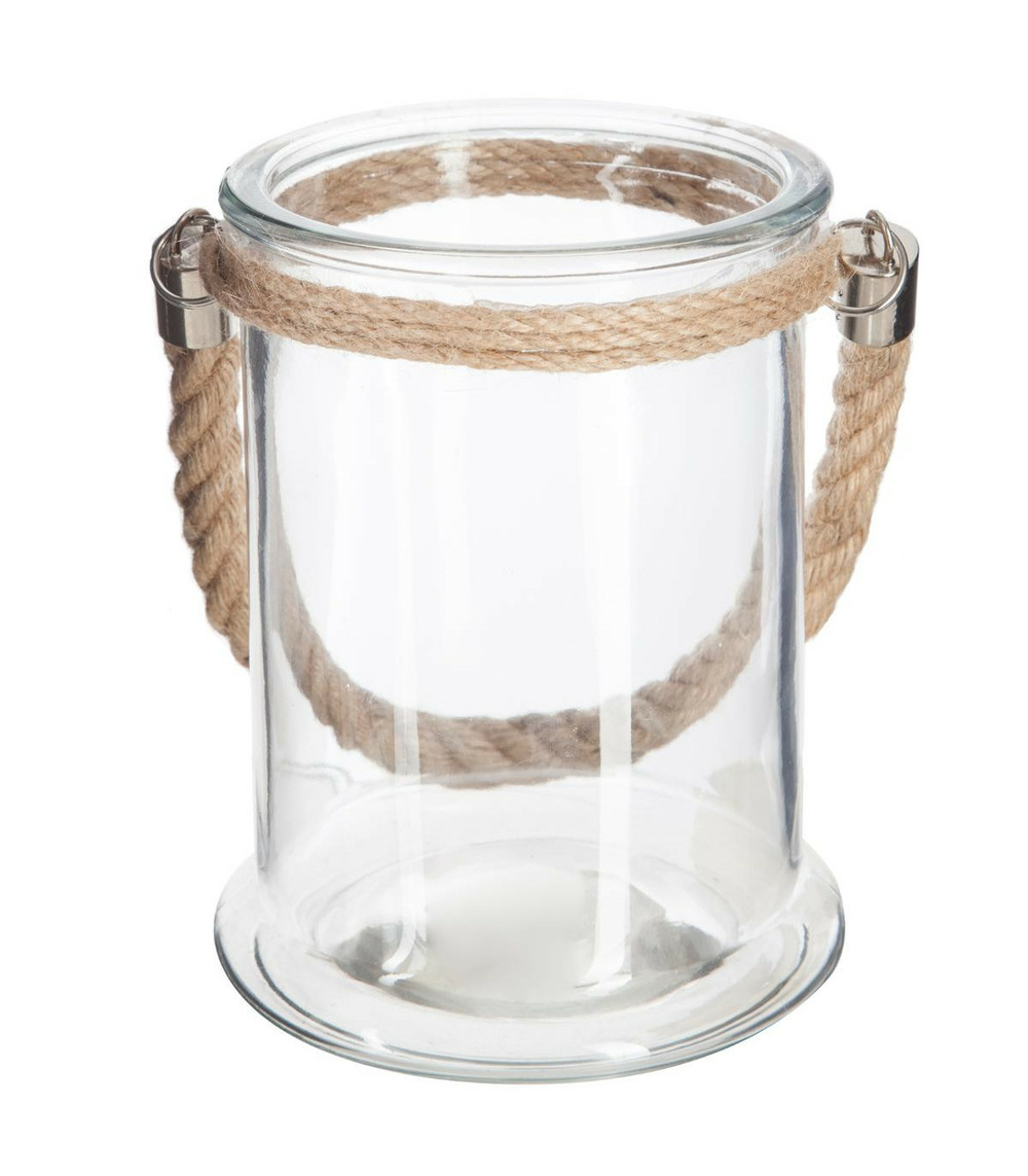 Photophore en verre avec anse en corde h 17 cm