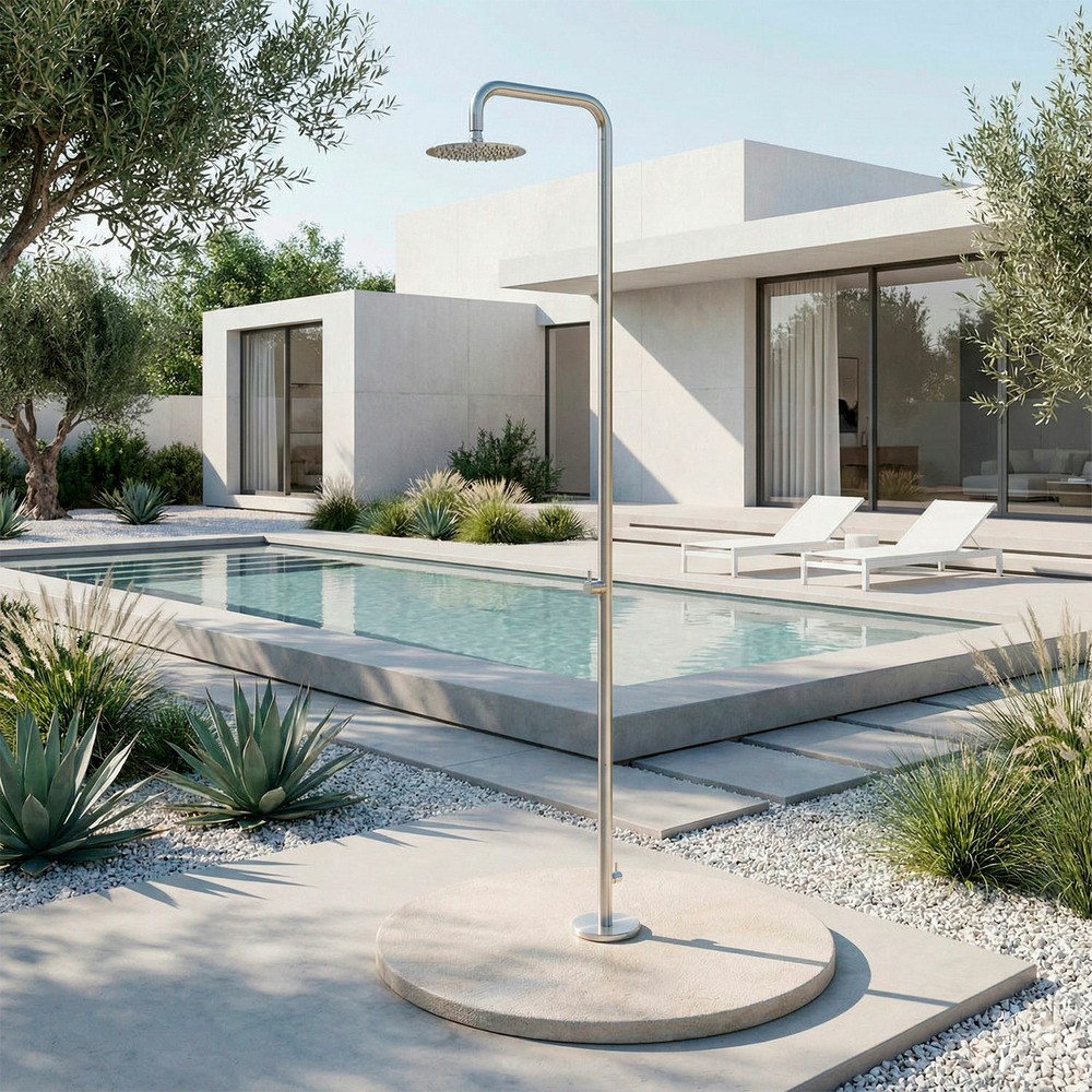 Douche exterieure en acier inox 316 satinee fixation au sol douchette ø 25 cm