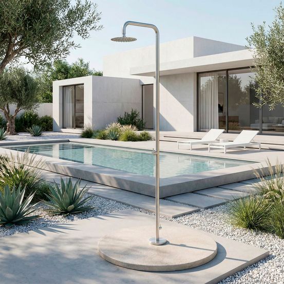 Douche exterieure en acier inox 316 satinee fixation au sol douchette ø 25 cm
