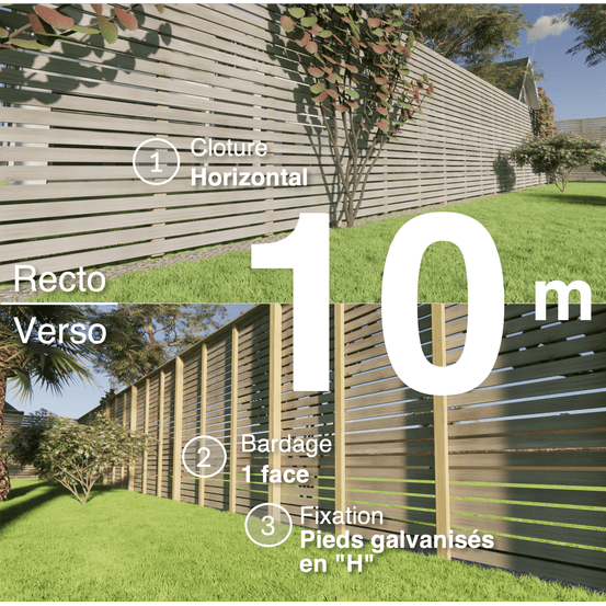 Kit clôture bois moderne 10m – h 2,3m – 20 x 70 mm autoclave gris – pose horizontal – simple face – support galva