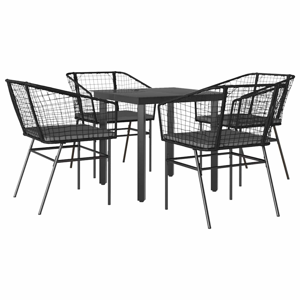 Ensemble à manger de jardin et coussins 5 pcs noir rotin verre