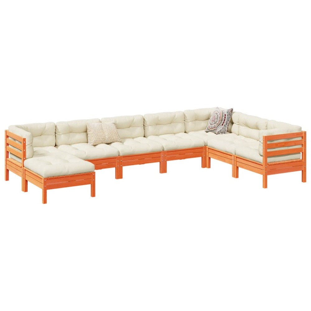 Salon de jardin 8 pcs avec coussins marron cire bois pin massif
