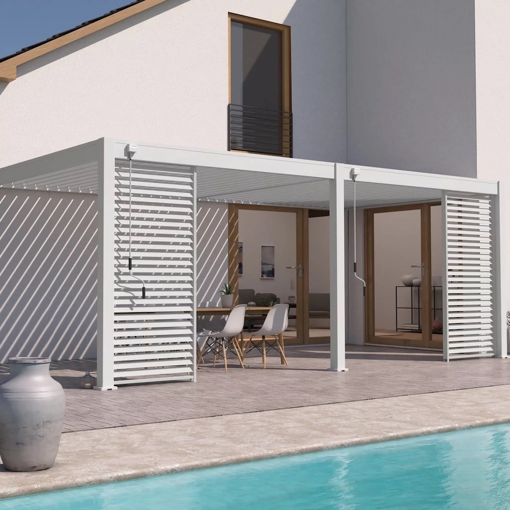 Pergola bioclimatique - ombréa - adossée - 3x6m - blanc - version 2 - 300x600x258 cm