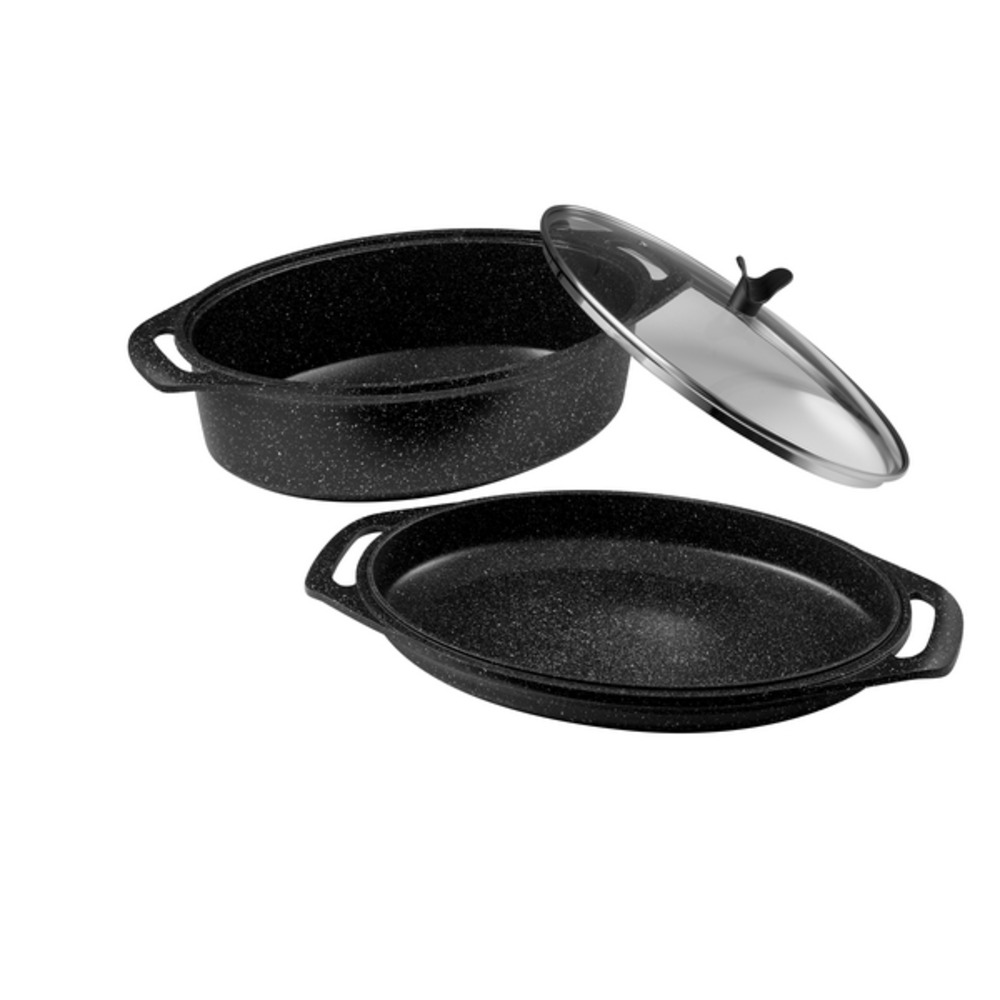 Marmite ovale 3 pièces premium 39 x 28 cm fonte d'aluminium avec couvercle en verre - pradel