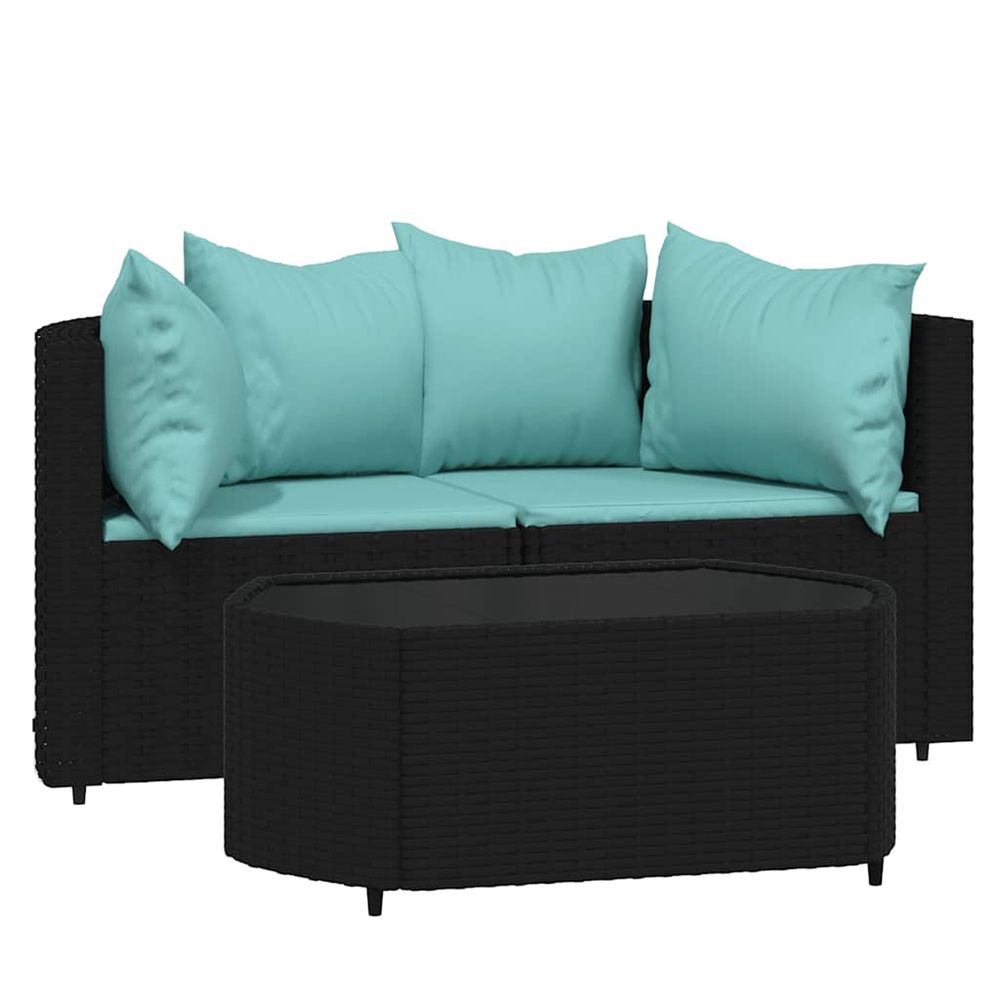 Salon de jardin 3 pcs avec coussins noir résine tressée