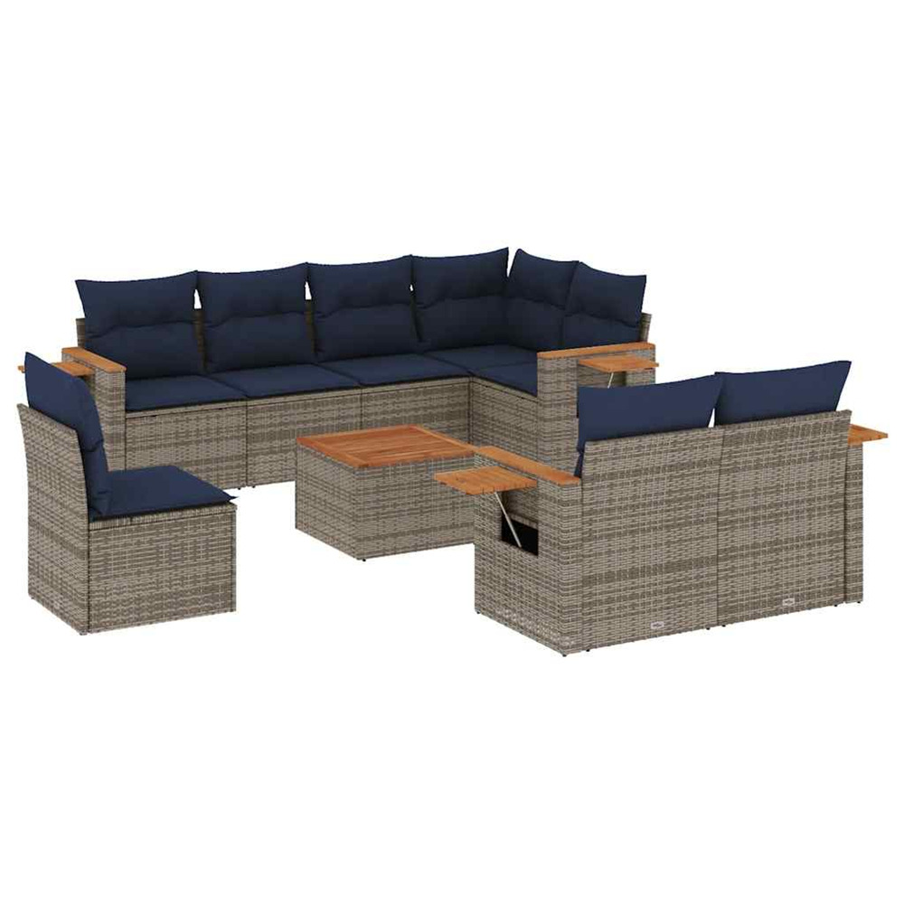 Salon de jardin 9 pcs avec coussins gris résine tressée