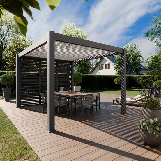 Pergola bioclimatique autoportée 12m² - 3x4m trois panneaux vénitiens - anthracite - lames inclinables à 120 degrés - elios
