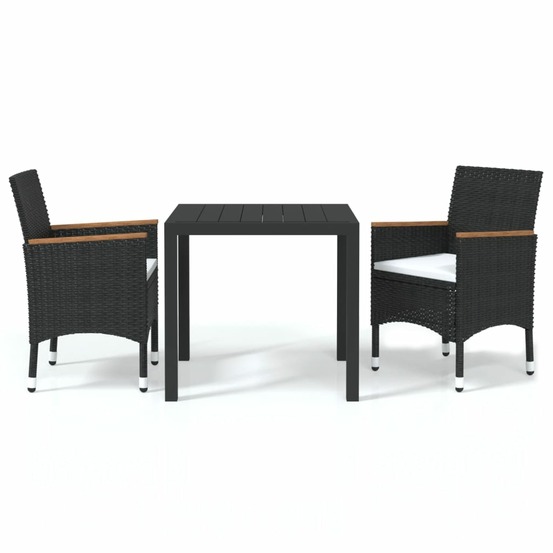 Ensemble à dîner de jardin avec coussins 3 pcs poly rotin noir