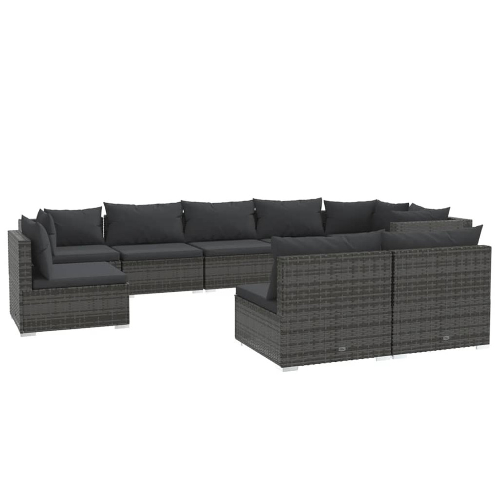 Salon de jardin 9 pcs avec coussins résine tressée gris
