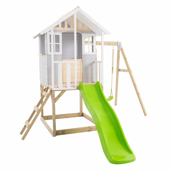 Maisonnette modulable sur pilotis avec balcon, glissière et une balançoire PERCE-NEIGE en bois FSC®