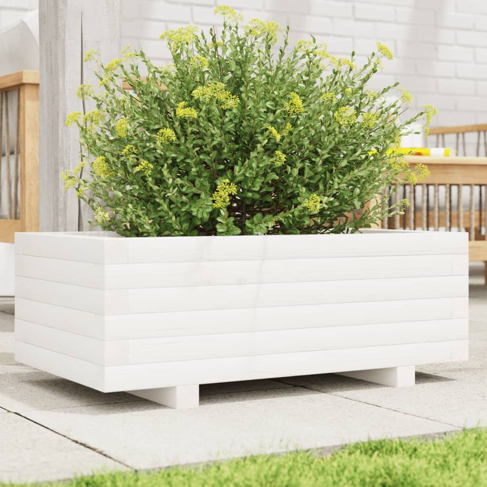 Jardinière rectangulaire bois massif blanc pour plantes et fleurs 70x40cm
