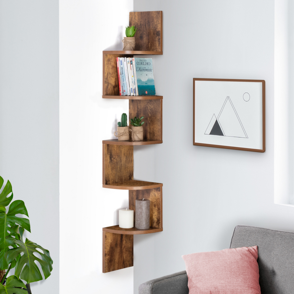 Etagère murale d'angle isa 5 niveaux façon bois vieilli