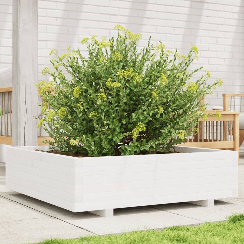 Grande jardinière carrée 90cm en bois massif blanc pour jardin moderne