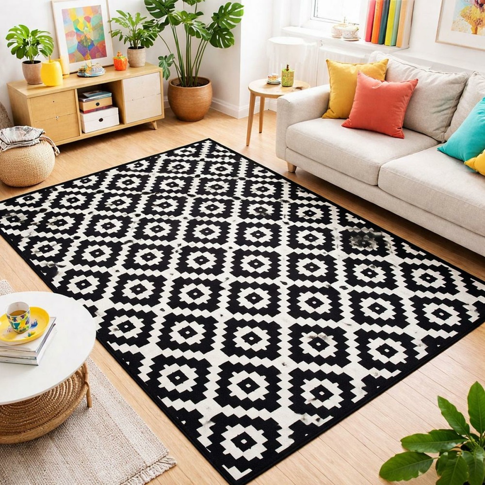 Tapis chambre 60x110 tissé noir rectangle motif géométrique lyn1 lerum