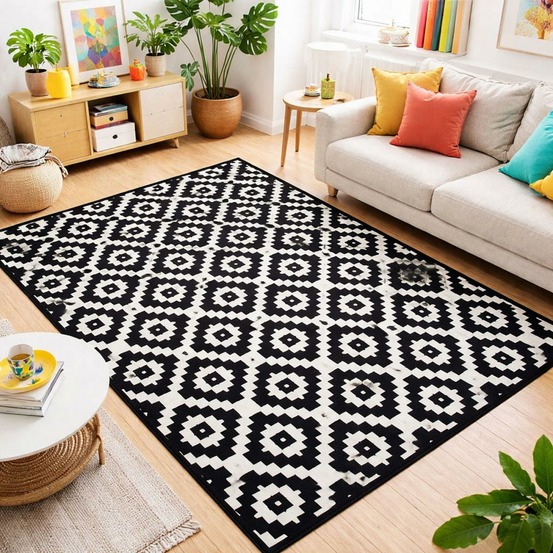 Tapis chambre 60x110 tissé noir rectangle motif géométrique lyn1 lerum