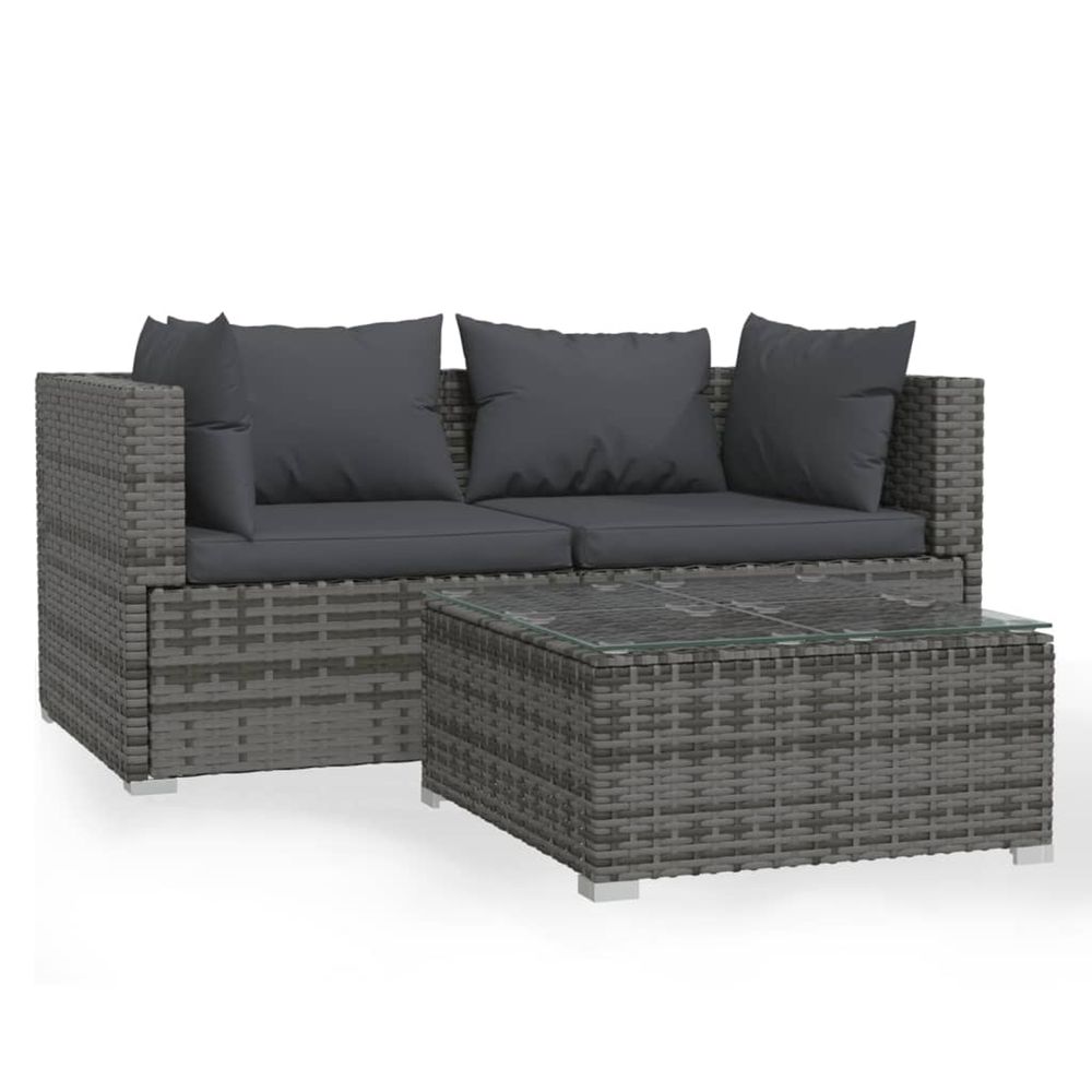 Salon de jardin 3 pcs avec coussins gris résine tressée