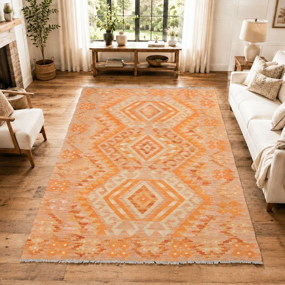Tapis kilim 103 x 148 cm, orange, beige et rouge, géométrique en laine