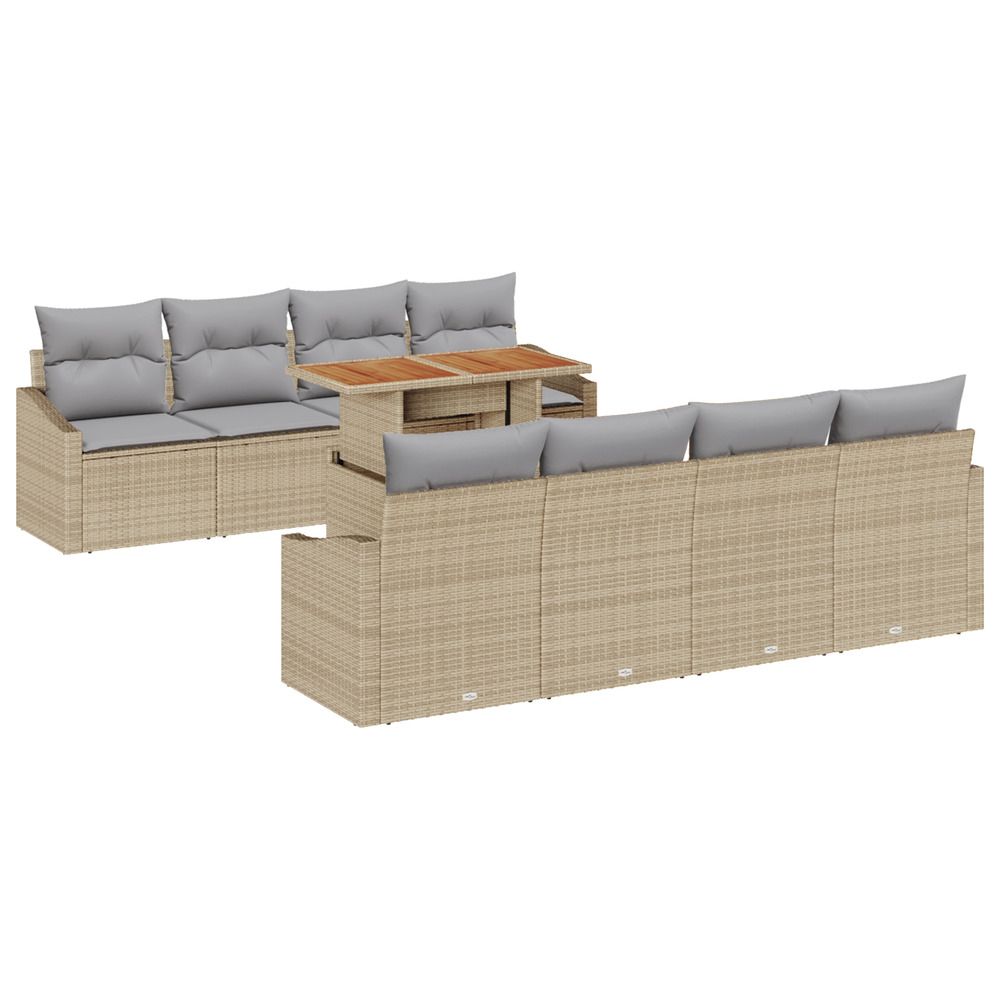 Ensemble de repas de jardin de 9 pièces avec coussins beige poly rattan acacia