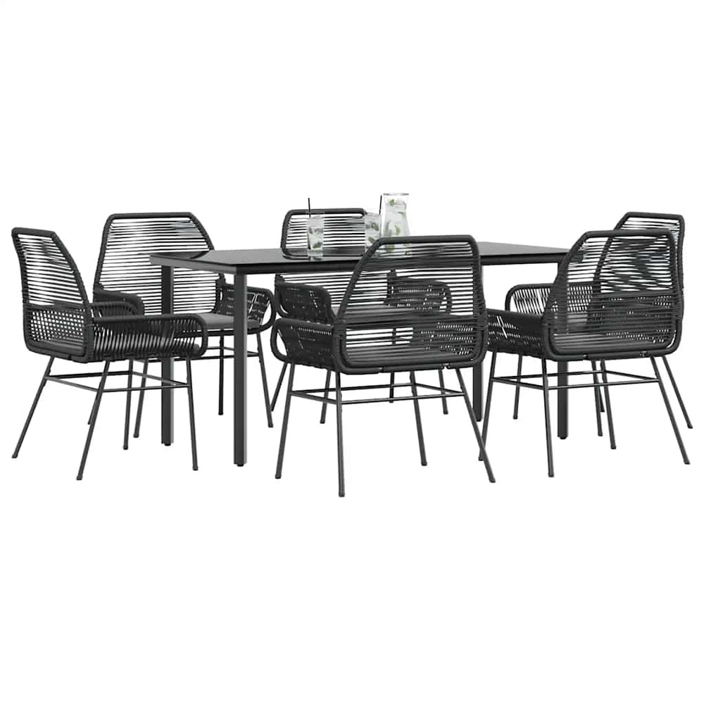 Ensemble à manger de jardin coussins 7pcs noir poly rotin verre