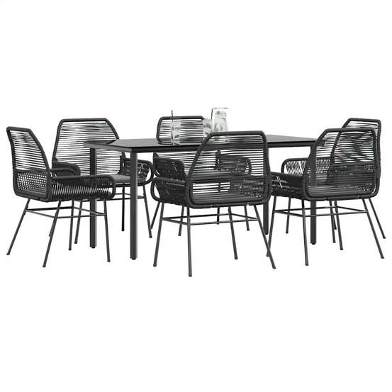 Ensemble à manger de jardin coussins 7pcs noir poly rotin verre