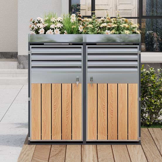 Cache-poubelle double acier galvanisé jardin avec jardinière verrouillable gris bois 132cm - comfortxl outdoor living