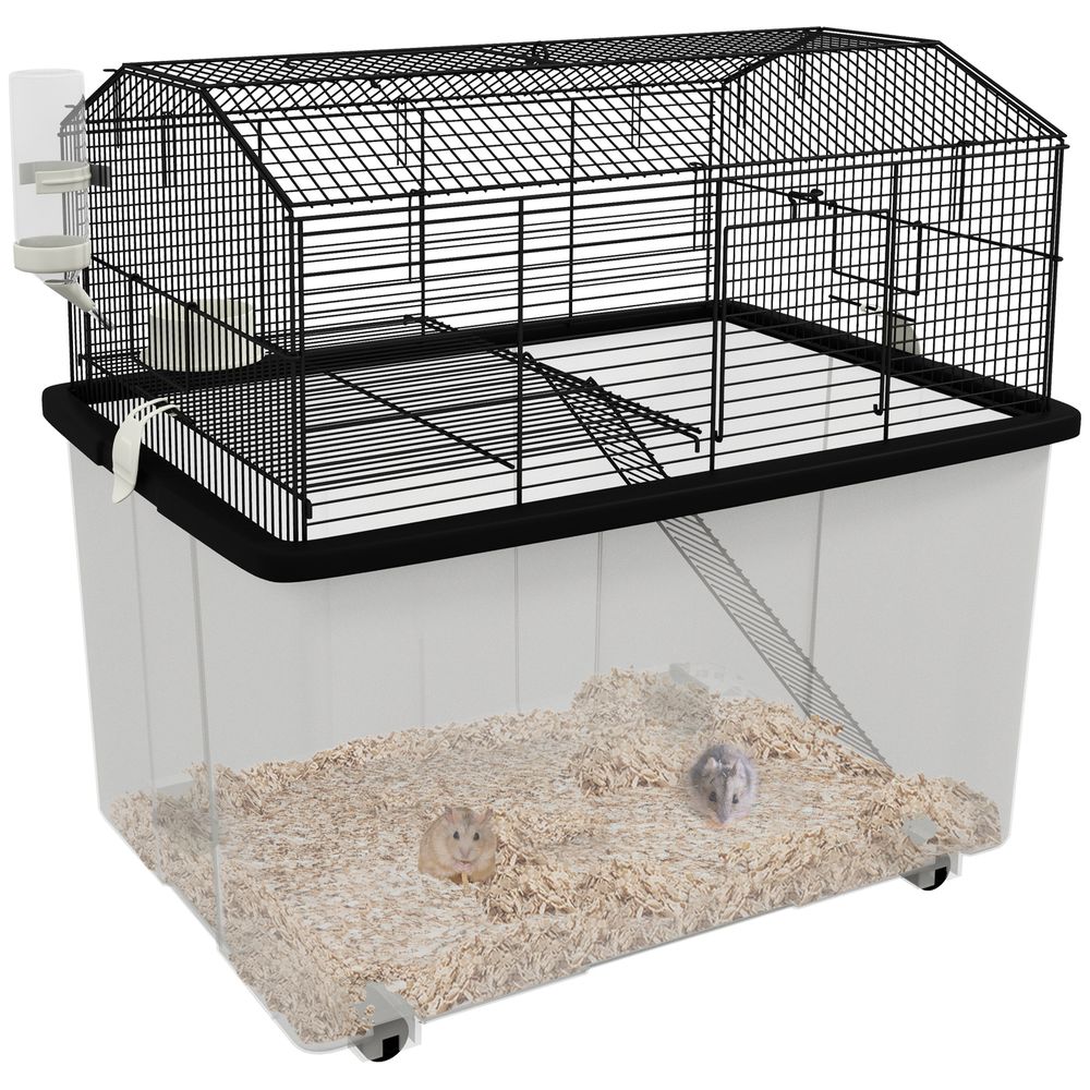 Cage fil d'acier sur roulettes pour hamsters 2 étages avec mangeoire 57x43x57 cm noir