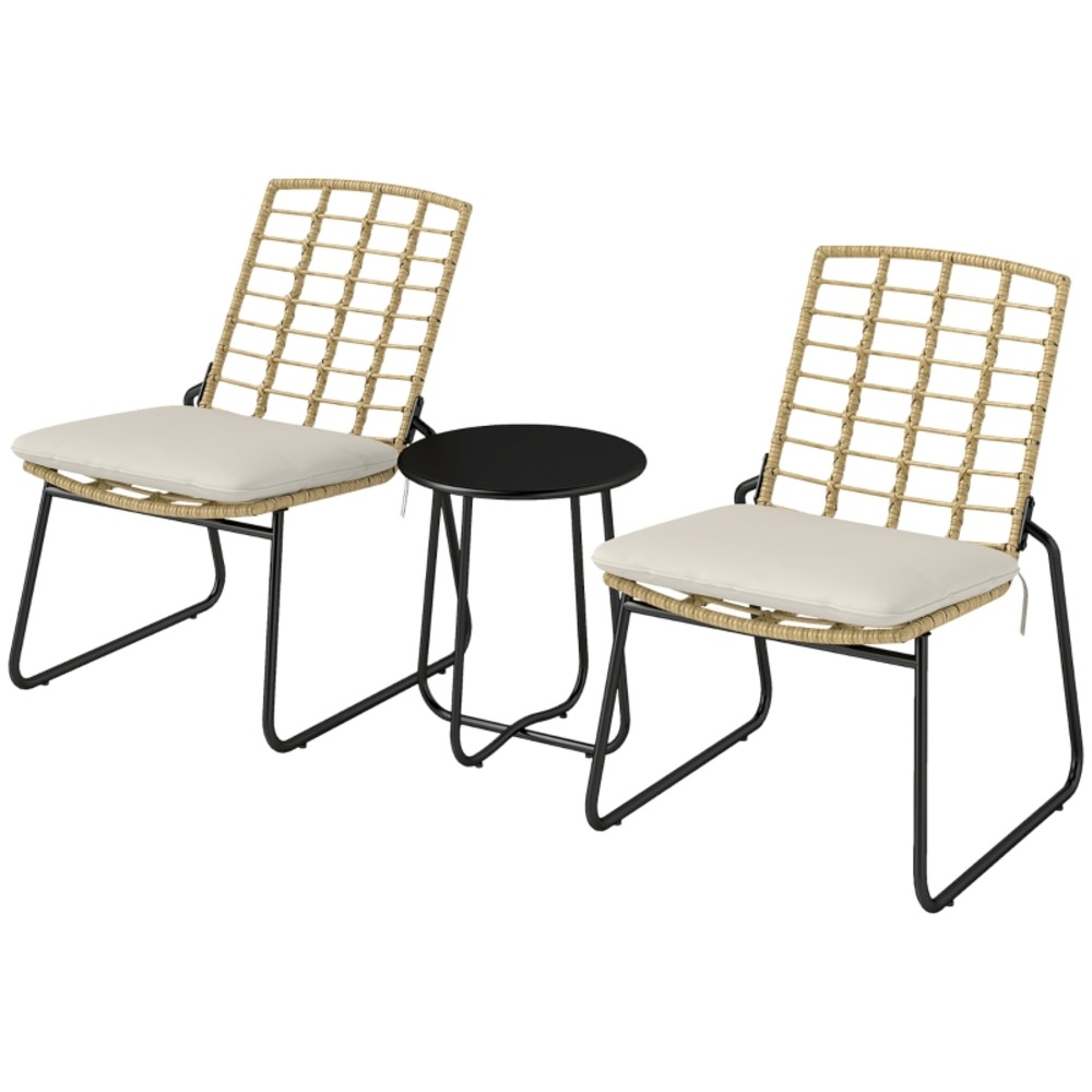Mobilier balcon 2 pers rotin: 3 pièces, 2 chaises empilables + table, coussins, résistant intempéries beige/marron