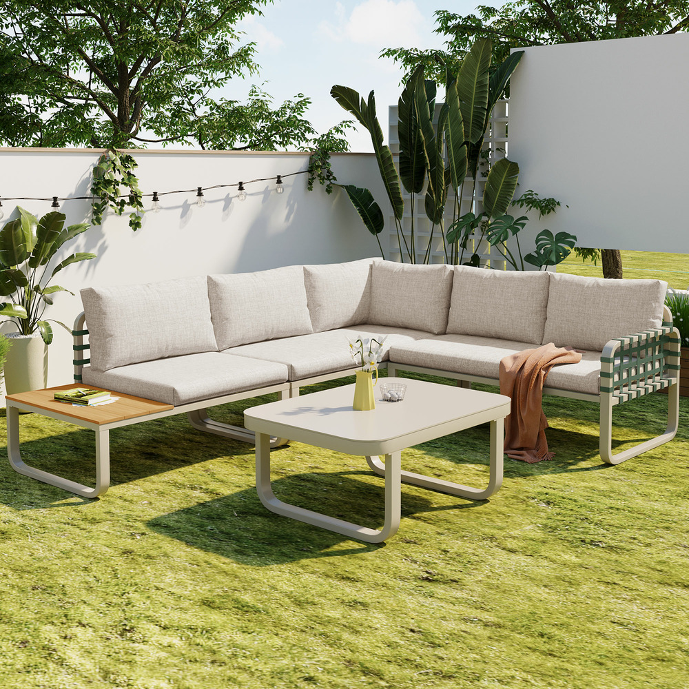 Salon de jardin pour 4 à 5 personnes, en rotin, canapé d'extérieur avec coussins d'assise et de dossier, couleur crème abricot