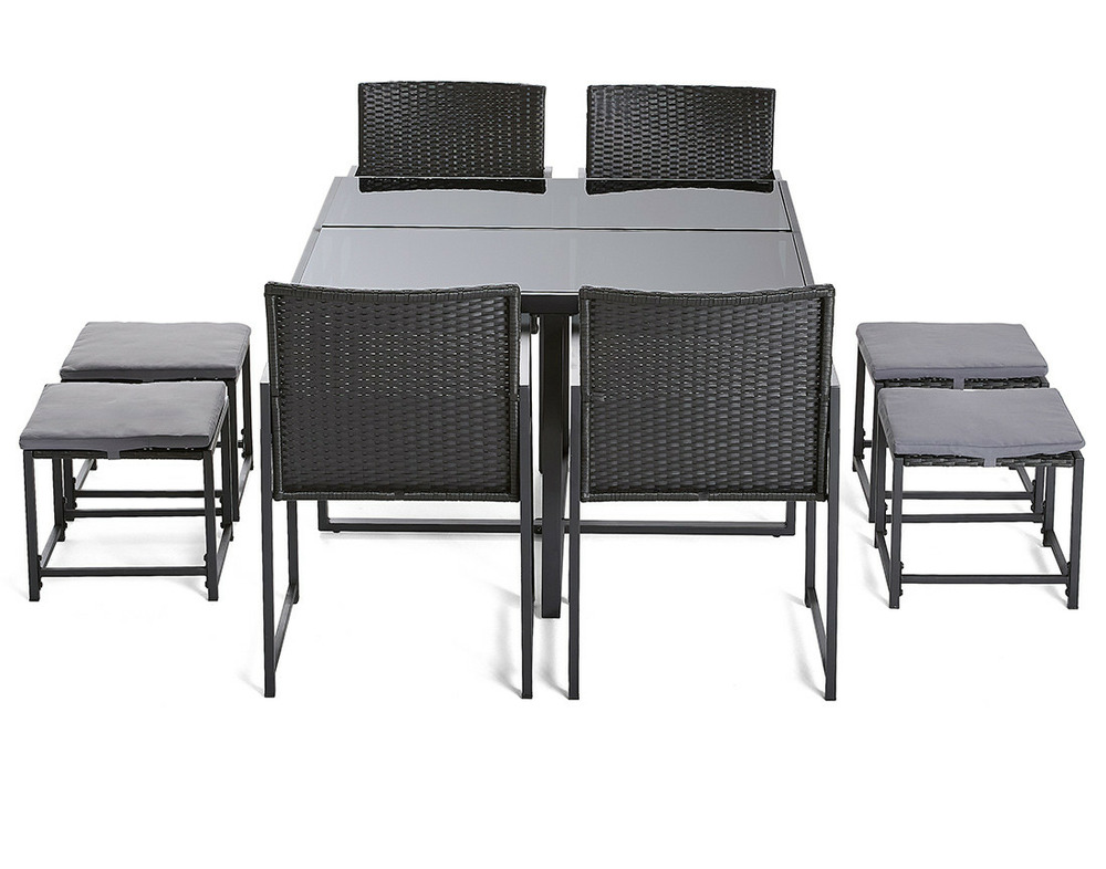 Olaria – ensemble table et chaises de jardin en acier noir - 8 places - coussins gris