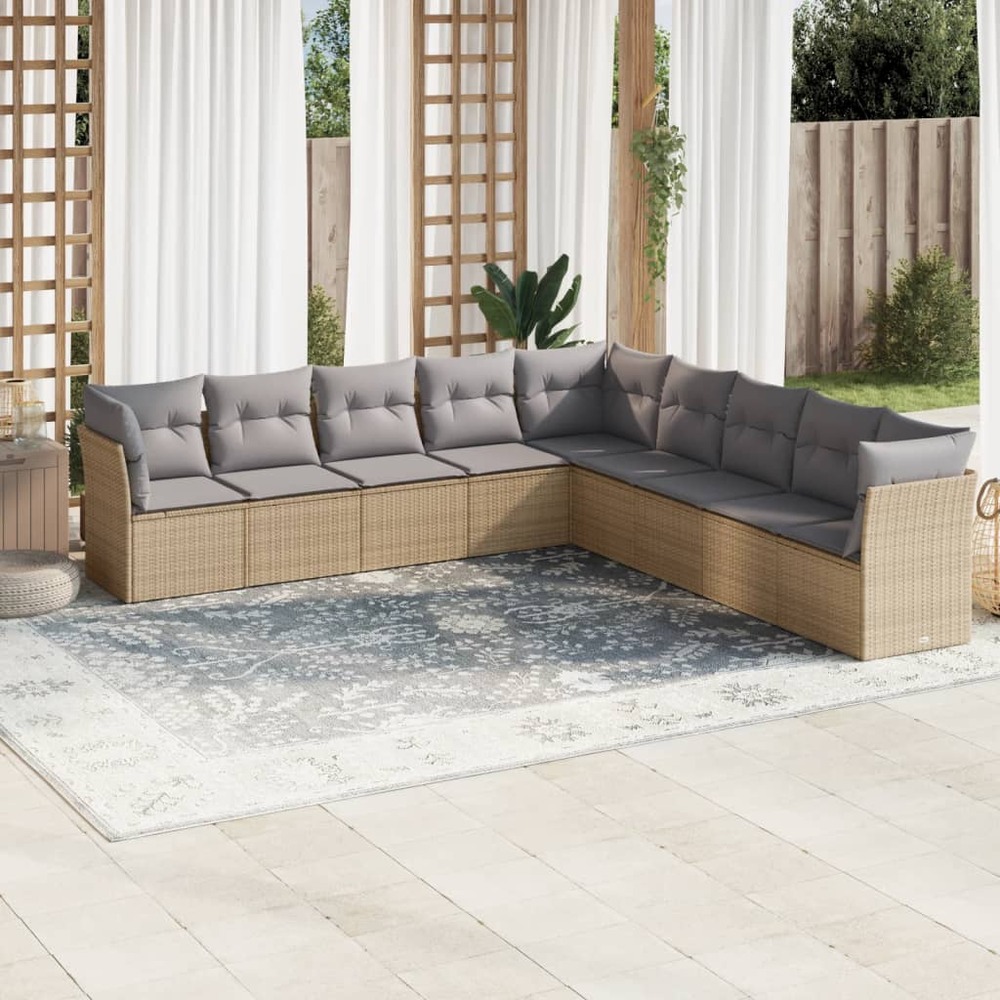 Salon de jardin avec coussins 9 pcs beige résine tressée