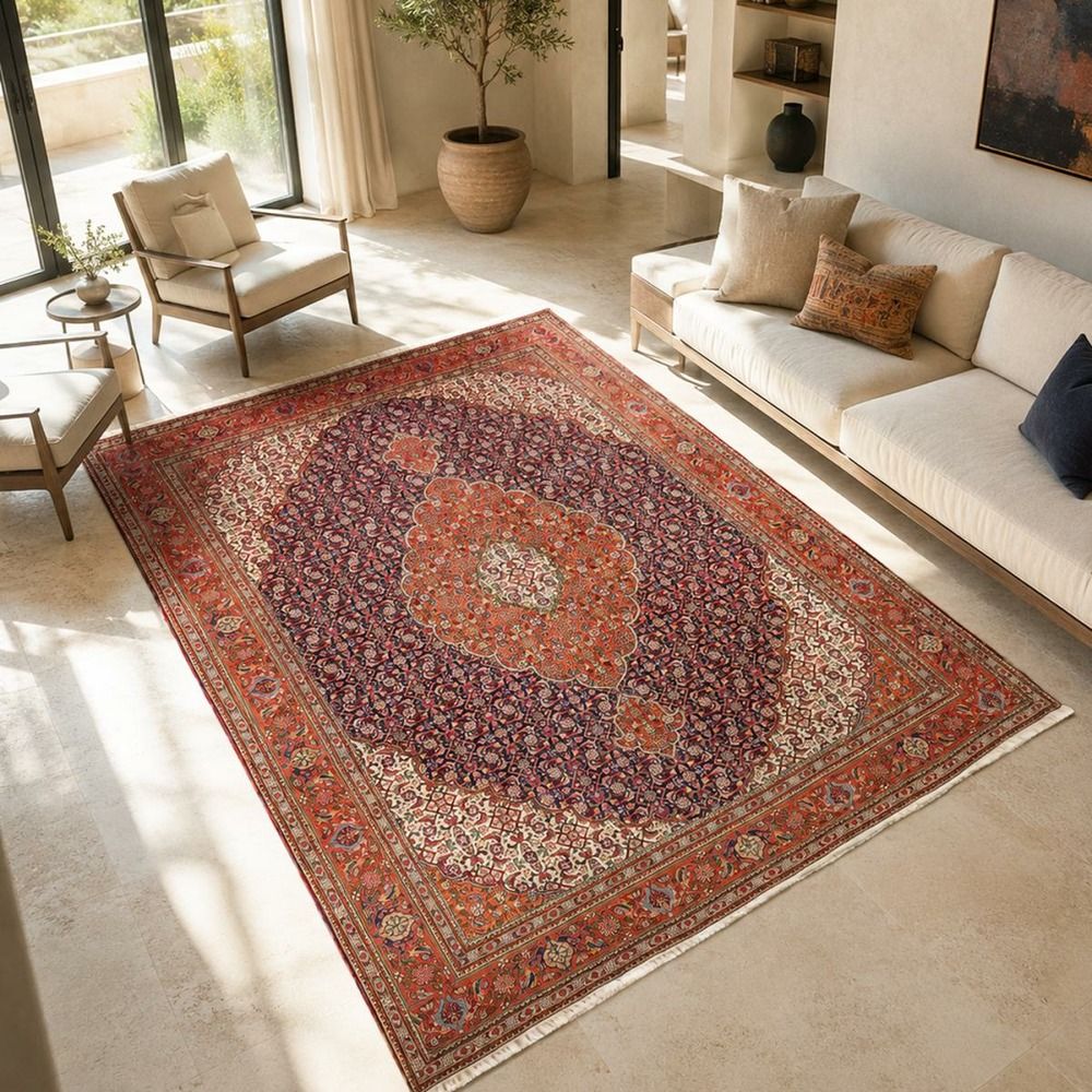 Tapis d'orient 300 x 390 cm, rouge, crème et bleu, noué main, tabriz b