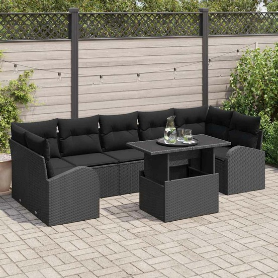 Ensemble de canapé de jardin avec coussin 8 pcs noir poly rotin
