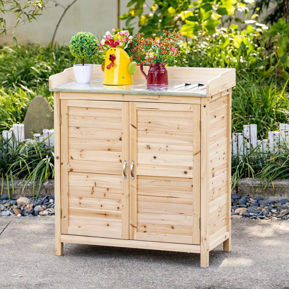 Armoire de jardin bois table de rempotage plateau zingué rangement extérieur 83x40x92cm naturel - comfortxl outdoor living