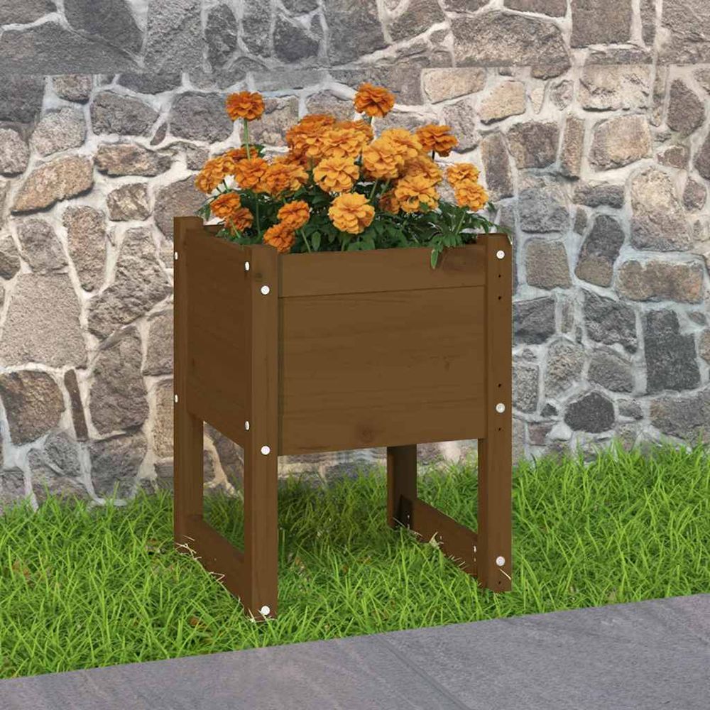 Bac à fleurs carré en bois de pin lasuré pour jardin marron miel