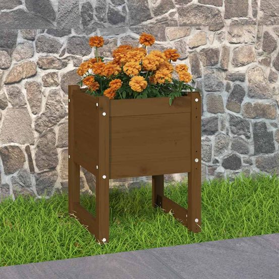 Bac à fleurs carré en bois de pin lasuré pour jardin marron miel