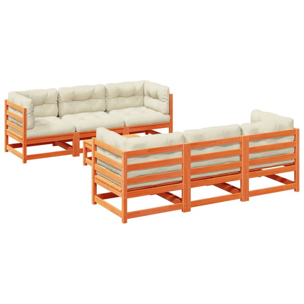 Salon de jardin 7 pcs avec coussins cire marron bois pin massif