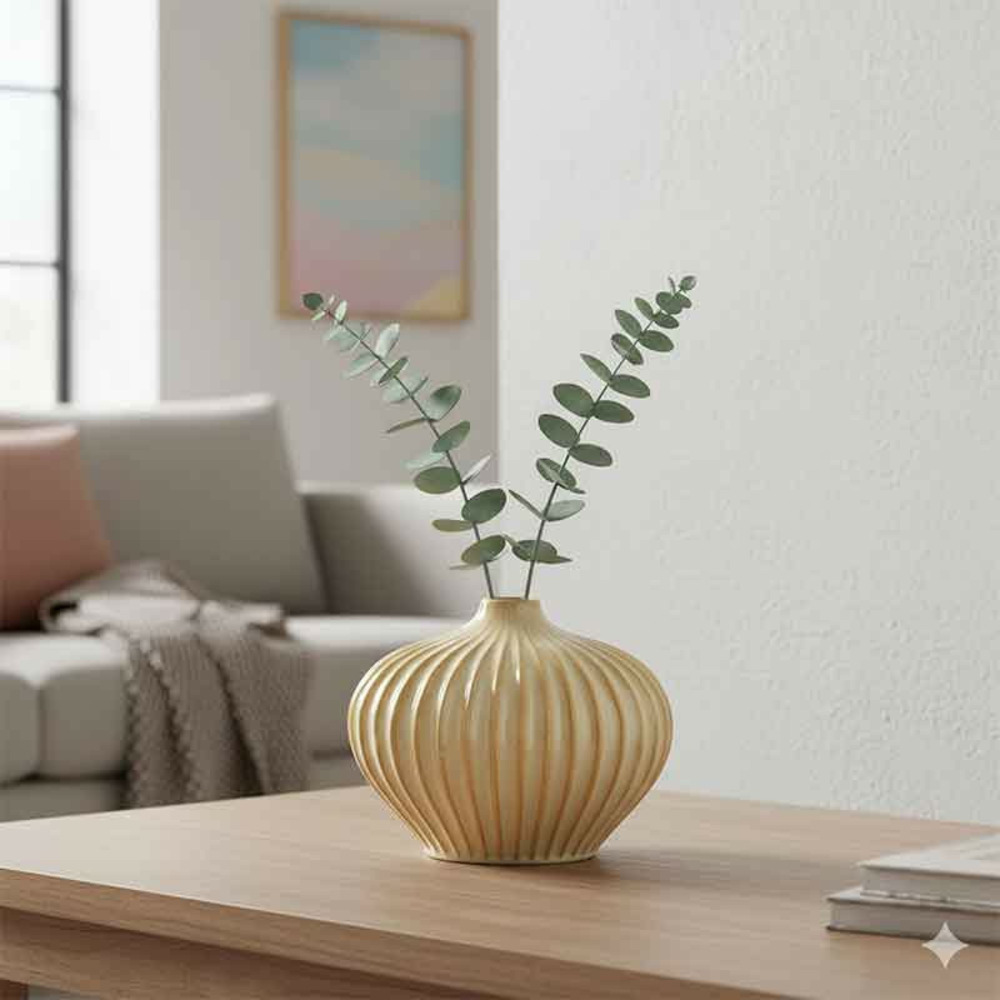 Vase décoratif céramique beige texturé 25x14x20cm