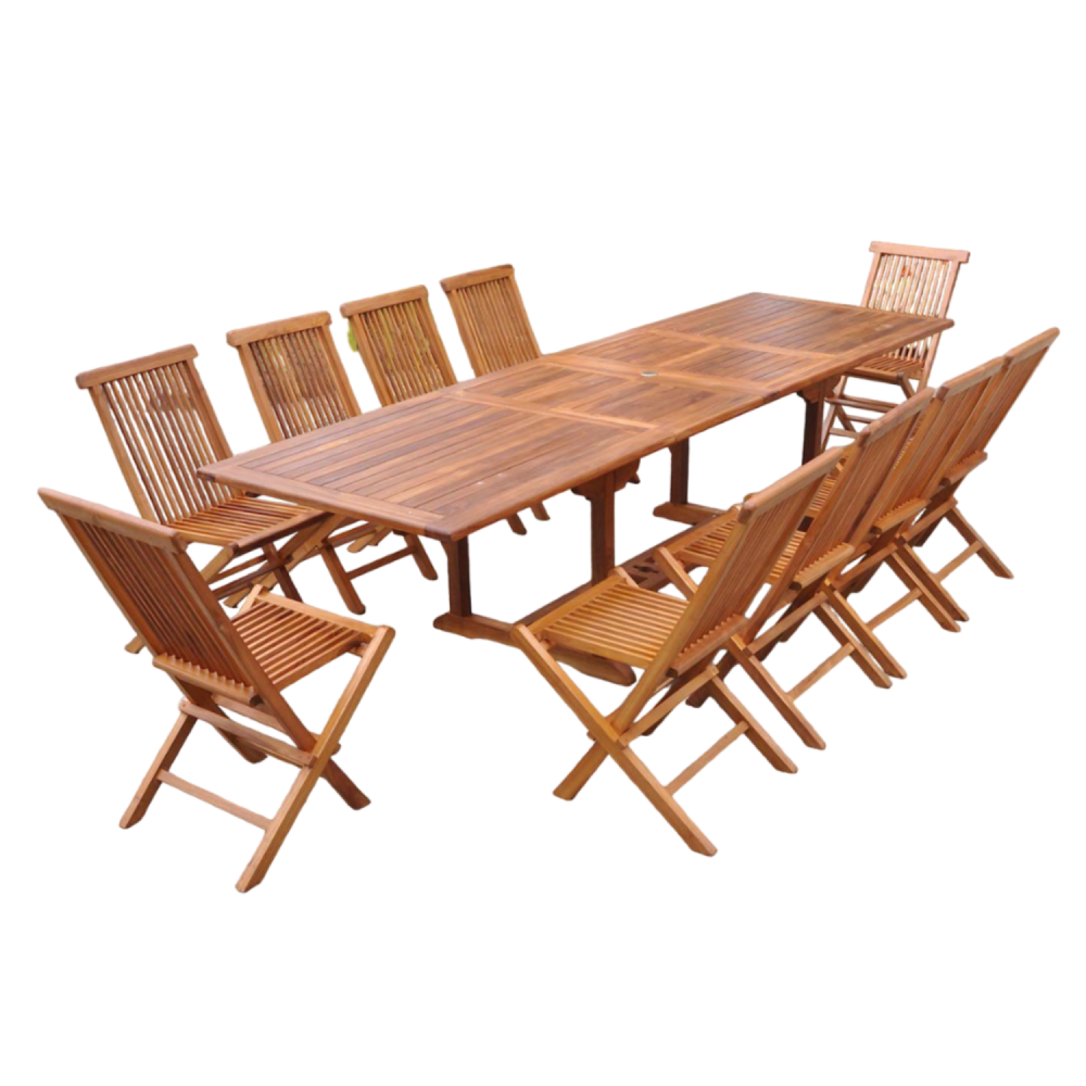 Table de jardin rectangle 10 places et 10 chaises en teck huilé lubok