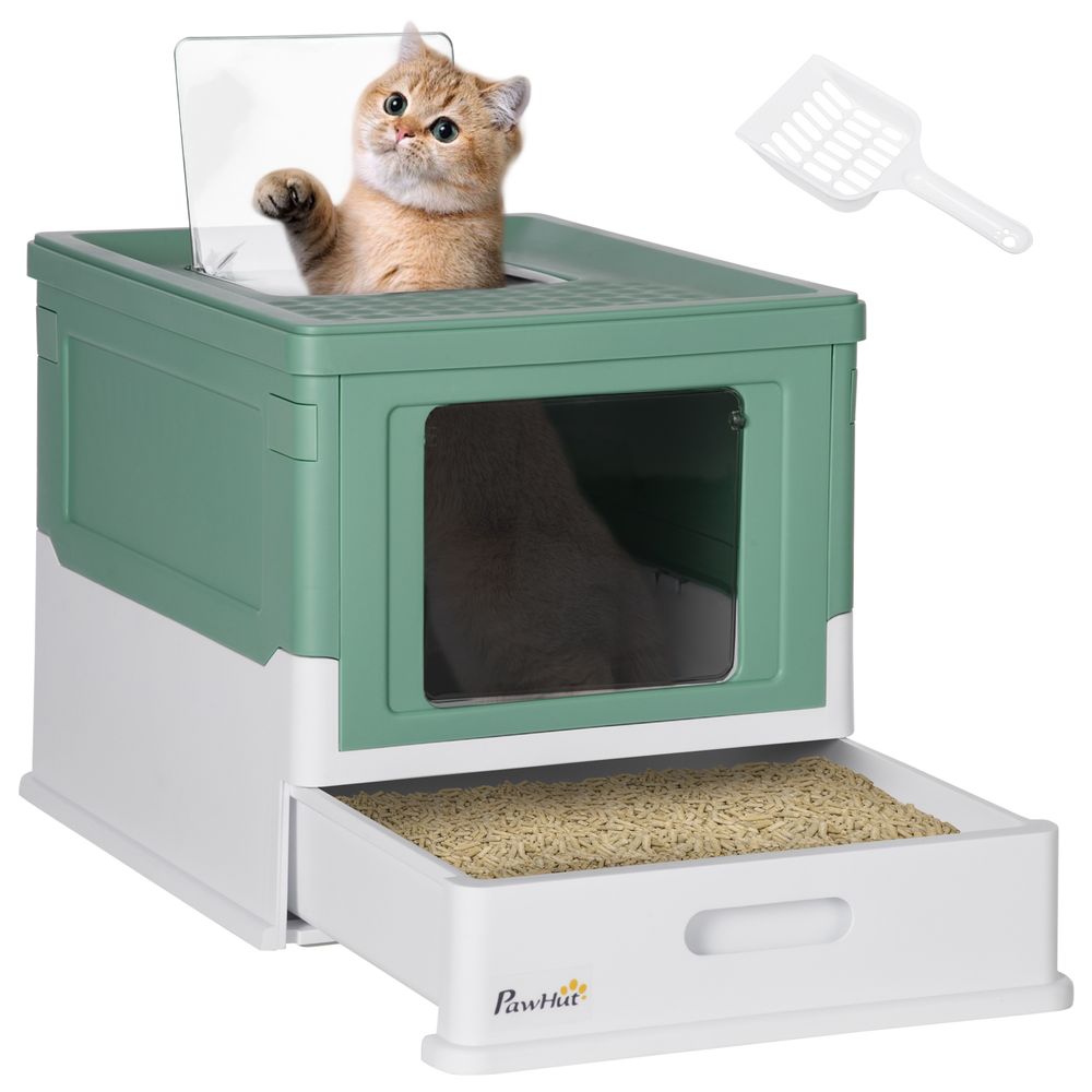 Maison de toilette pour chat pliable avec double entrée et pelle fournie vert